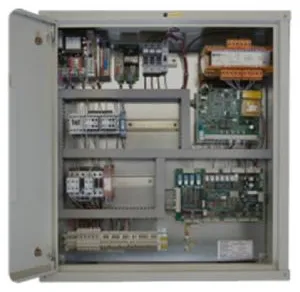 A control panel inside a metal enclosure, shown with its components.