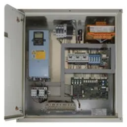 A control panel in a metal enclosure with a speed-control unit.