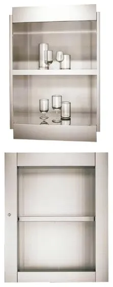 UR: D-05 — A stainless steel service opening, shown in the catalog as two photographs: one with an internal shelf and one empty.