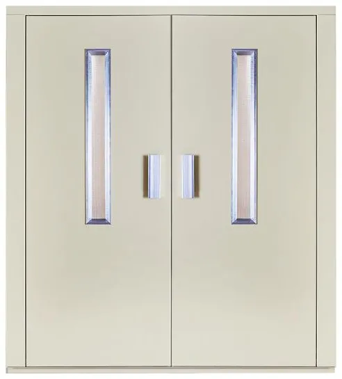 UR: D-06 — A double-leaf door in a light finish, with two vertical glazed slots and paired metal handles.